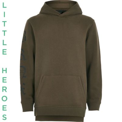 Boys khaki green sleeve print hoodie